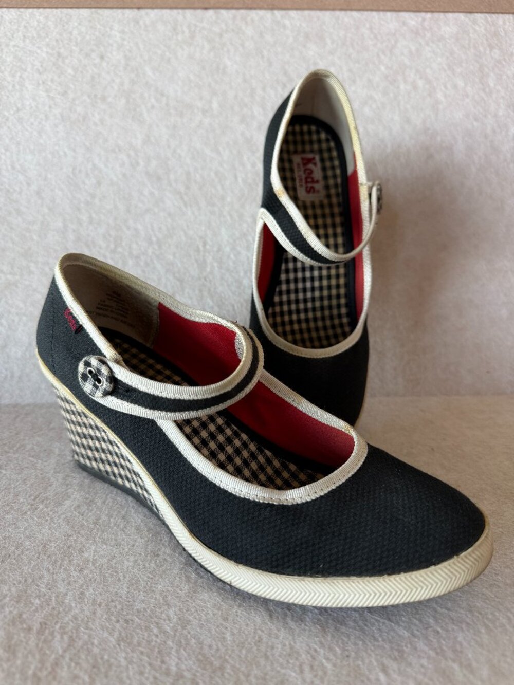 Vintage Keds Gingham Black & White Mary Jane Wedge Heels - 8M